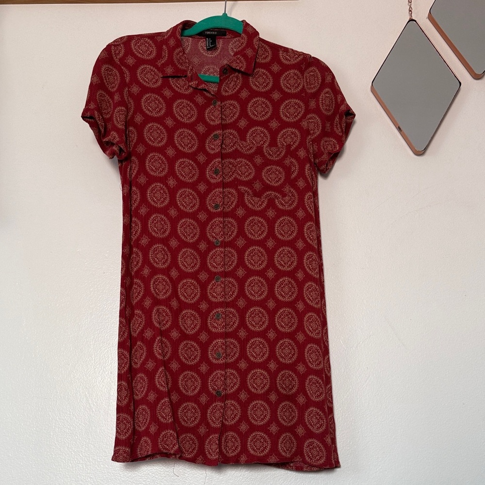 Red Patterned Bohemian Short Sleeve Button Up Dress